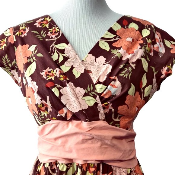 Folter Womens Brown Pink Floral Bird Crossover Bust Flare Skirt Retro Dress L - Picture 5 of 10